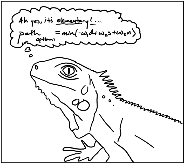 An iguana thinking about our optimization equation.