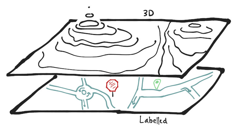 Our map has two layers: 3D and labelled